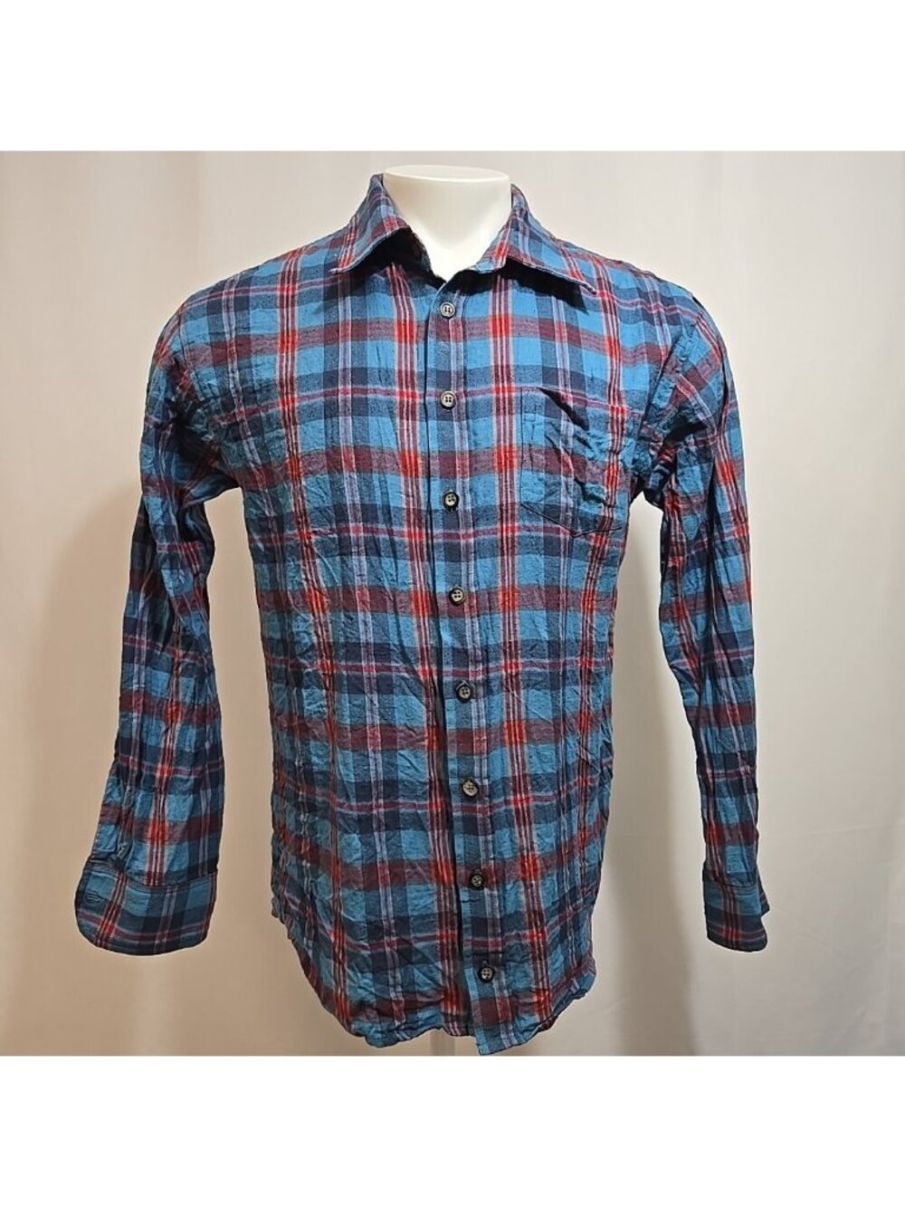 Sundance Plaid Flannel Shirt Mens Medium Blue Red 100% Cotton Soft